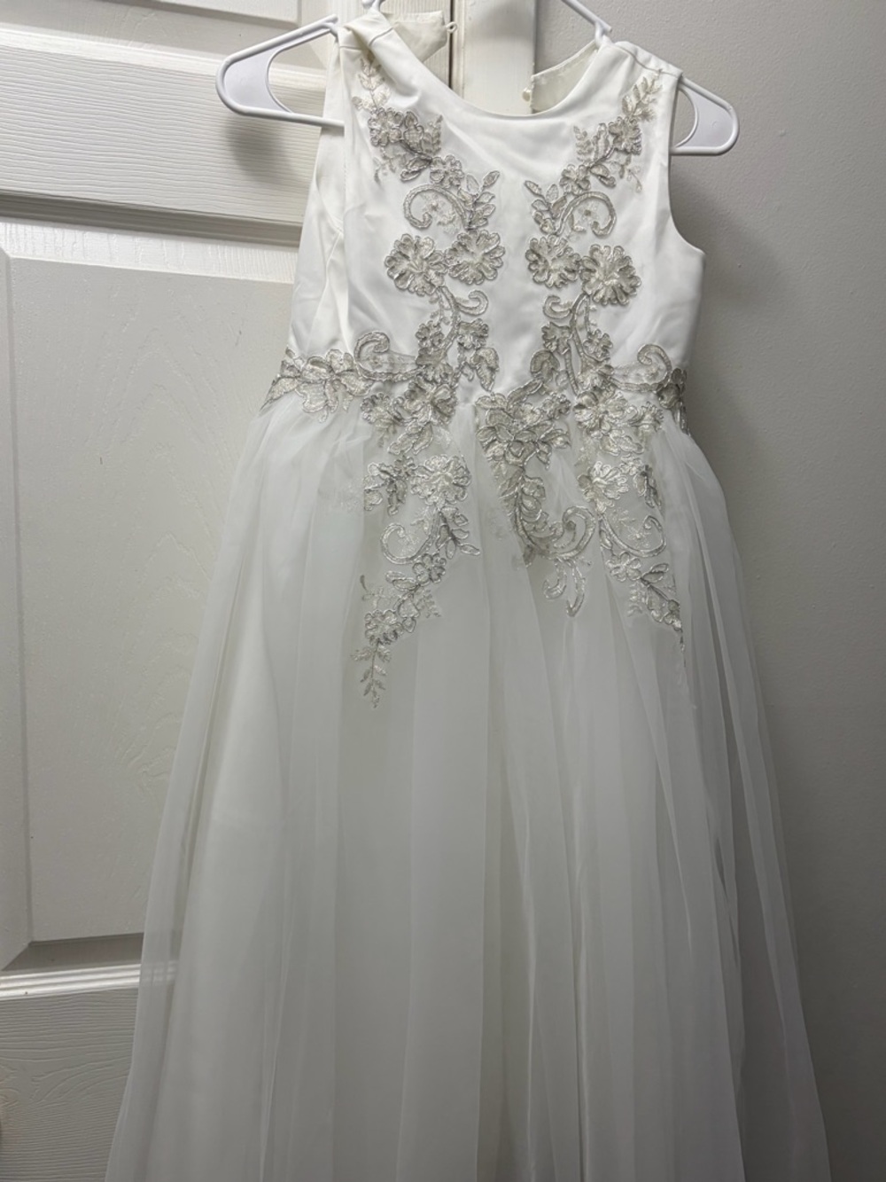 Elegant White Flower Girl Dress with Silver Embroidery